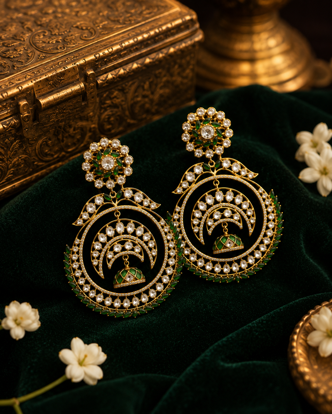 Mughal inspired craftsmanship, handcrafted gemstone setting and statement bridal fashion aesthetics.
Premium handmade Polki earrings crafted by skilled jewelry artisans in Jaipur India, perfect for bridal boutiques, luxury ethnic collections and wedding styling shoots.
Traditional Jaipur India bridal earrings with emerald gemstones and Moissanite Polki diamonds, designed for brides seeking authentic royal jewelry with handcrafted luxury finishing.
