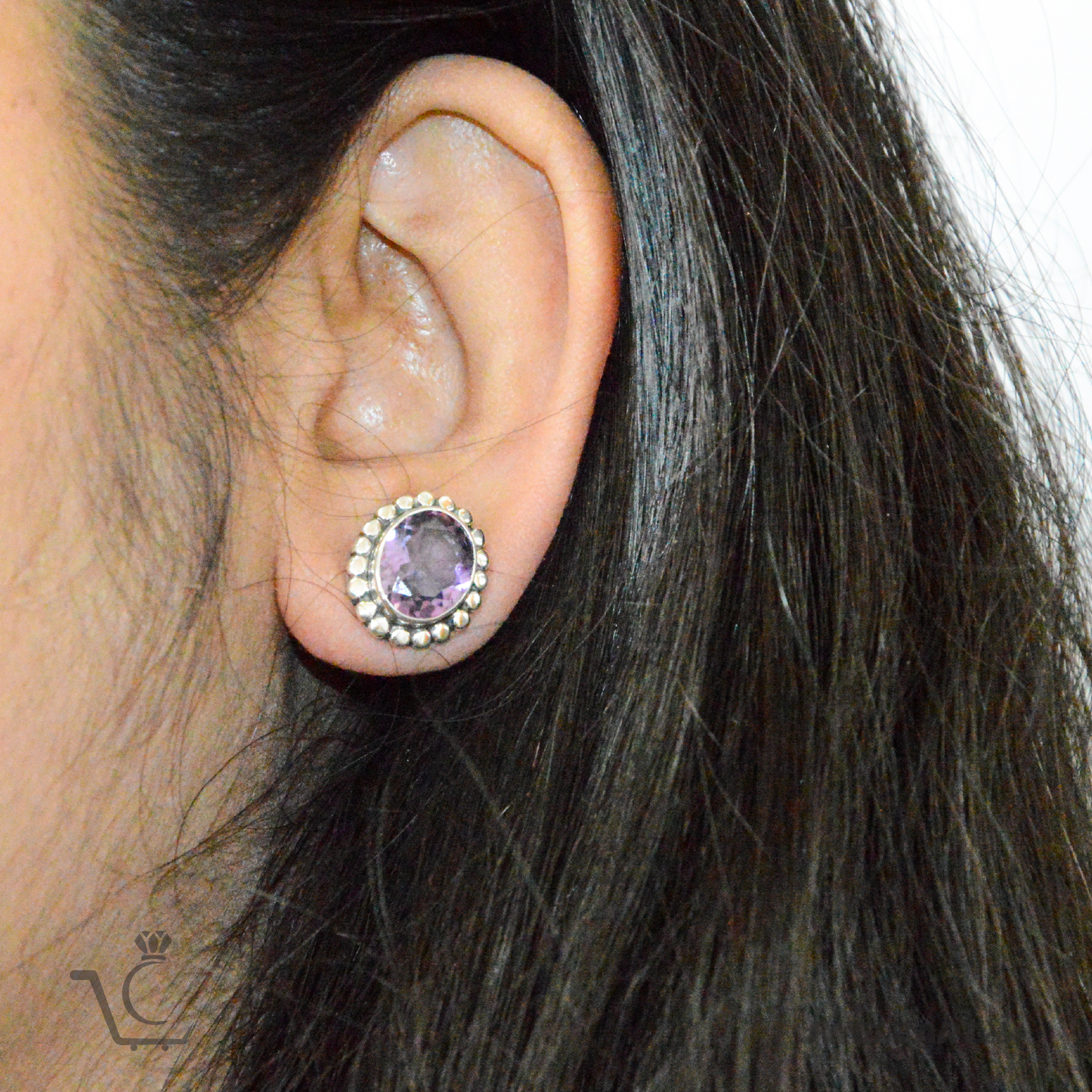 women wearing 925 sterling silver amethyst gemstone studs
