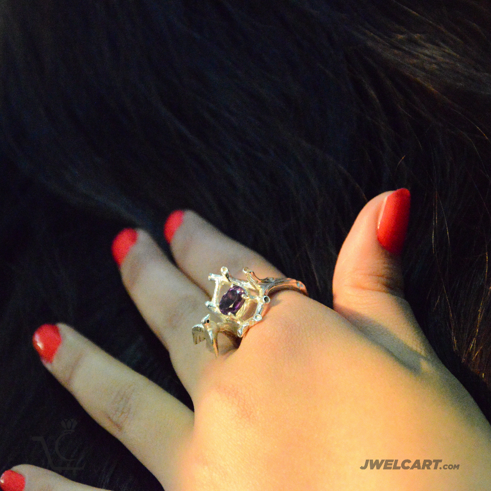 Bird's Nest Design Silver Amethyst Ring - Main Image