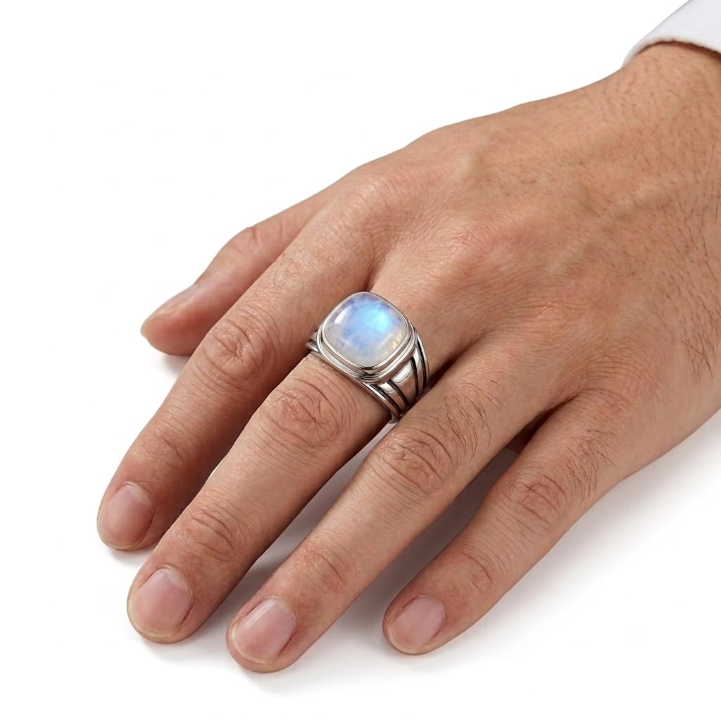 Crafted from 925 Sterling Silver, this ring combines the timeless appeal of silver jewelry with the natural beauty of Rainbow Moonstone. The handmade construction reflects the work of skilled artisans and gives the piece an authentic handcrafted character. Whether you are looking for a men's silver ring, natural gemstone ring, moonstone jewelry, statement jewelry, or a distinctive fashion accessory, this design offers a versatile option.