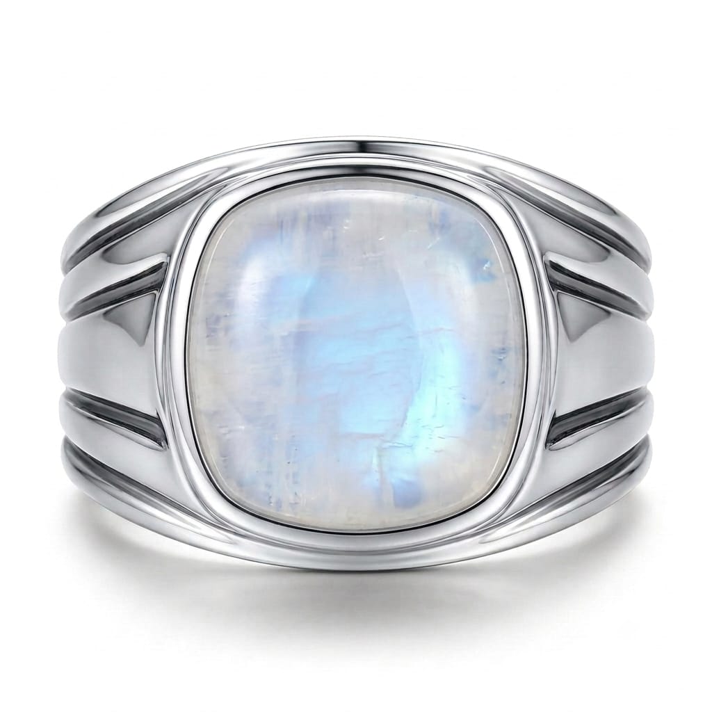 The handcrafted character of this men's moonstone ring makes it especially appealing to those who enjoy artisan jewelry and unique handmade designs. Each natural gemstone may display individual variations in color, pattern, inclusions, and natural flash, making your ring one of a kind. The sterling silver setting complements the gemstone while providing a classic precious-metal foundation that can be styled with jeans, jackets, boots, casual clothing, streetwear, or more dressed-up outfits.