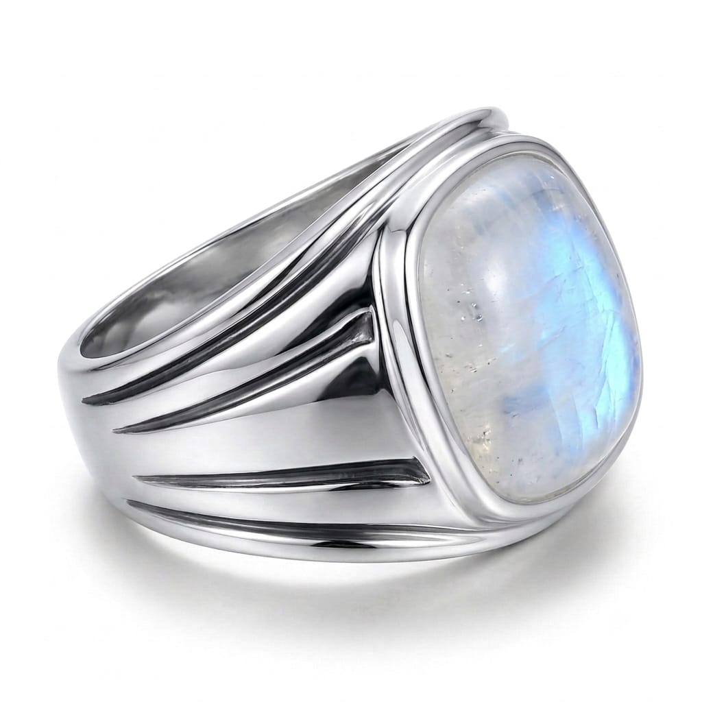 Designed for men who want jewelry that stands apart from ordinary bands, this 925 sterling silver gemstone ring offers a distinctive combination of natural stone beauty and rugged silver craftsmanship. The Rainbow Moonstone creates a unique visual effect as light moves across the surface, giving every ring its own character. Its bold silhouette makes it suitable as a men's statement ring, gemstone ring, cocktail ring, fashion ring, biker style ring, vintage inspired ring, boho jewelry piece, or hip hop acce