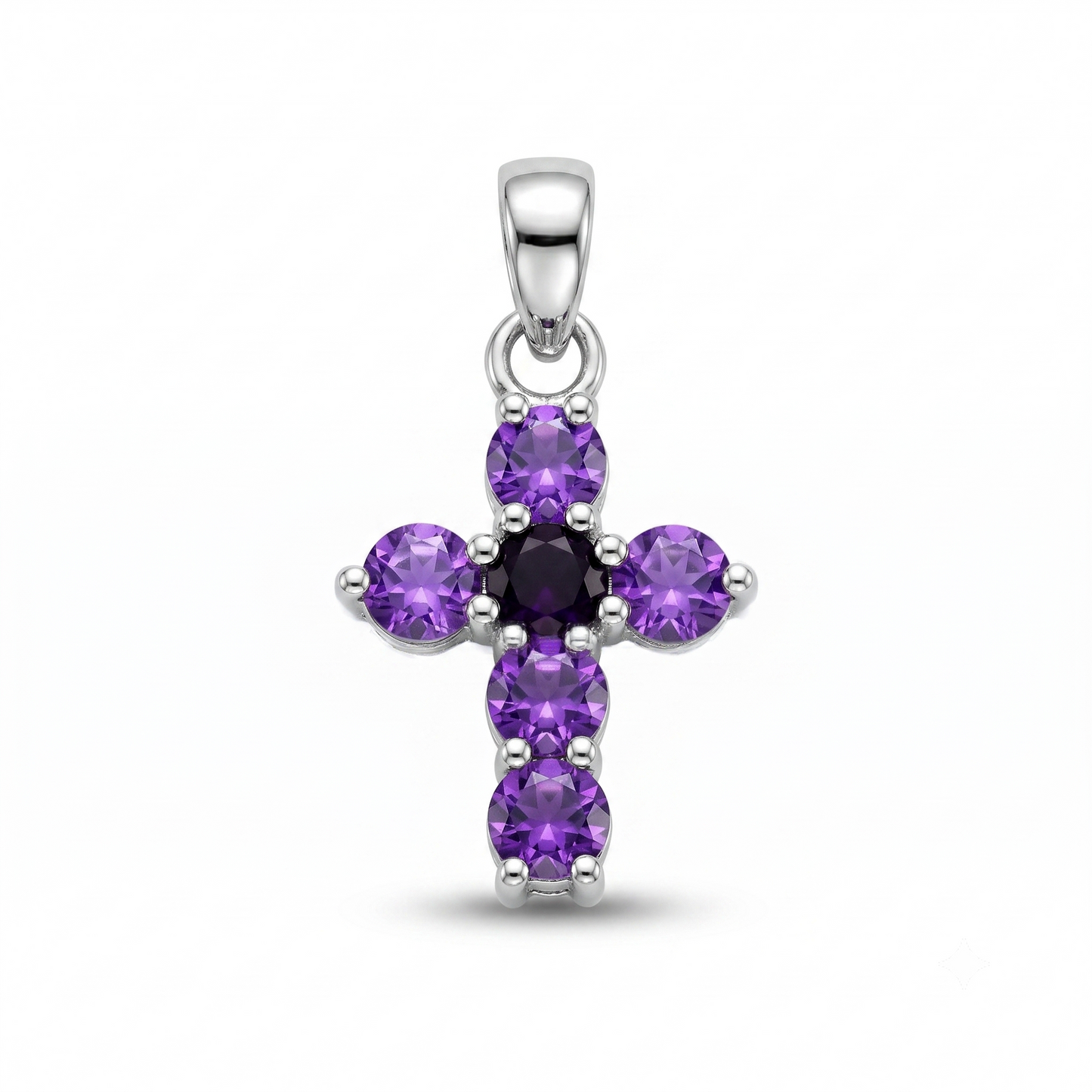 This sterling silver cross pendant features carefully selected natural amethyst gemstones known for their rich color and captivating sparkle. The detailed craftsmanship and durable silver setting ensure long-lasting beauty, while the traditional Christian cross symbolizes faith, hope, love, and spiritual devotion. Whether worn as a statement of belief or as a fashionable gemstone pendant, it offers timeless appeal.