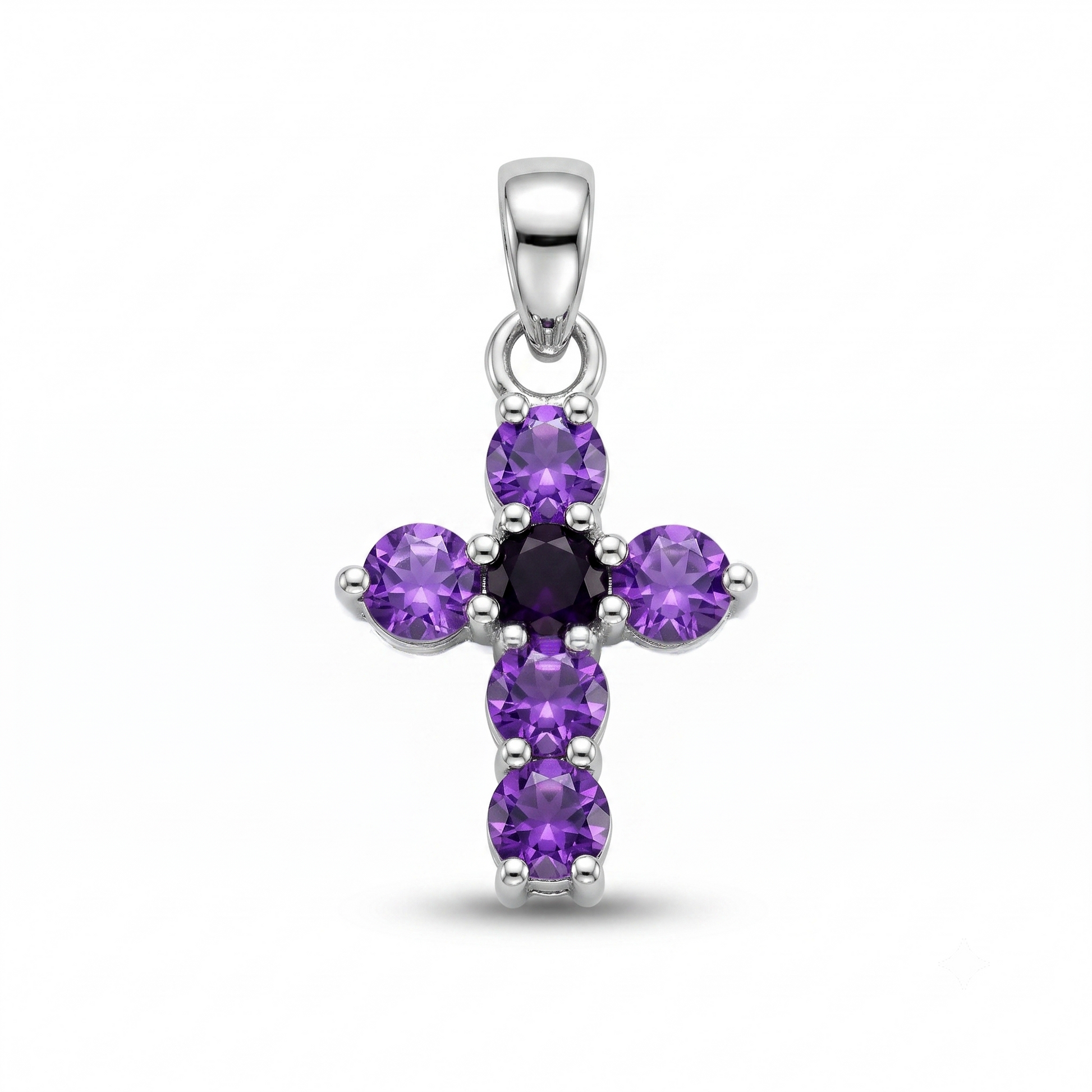This sterling silver cross pendant features carefully selected natural amethyst gemstones known for their rich color and captivating sparkle. The detailed craftsmanship and durable silver setting ensure long-lasting beauty, while the traditional Christian cross symbolizes faith, hope, love, and spiritual devotion. Whether worn as a statement of belief or as a fashionable gemstone pendant, it offers timeless appeal.