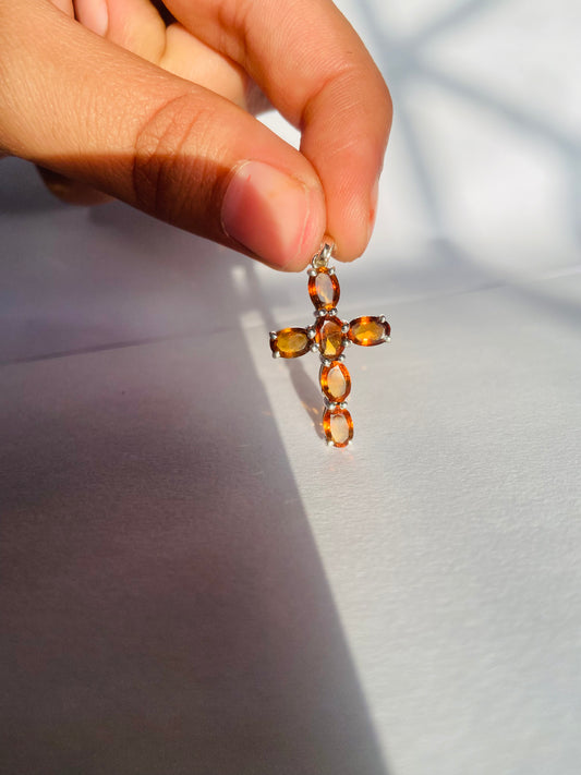 Silver Cross Pendant in Citrine Quartz Gemstone in 925 Sterling Silver