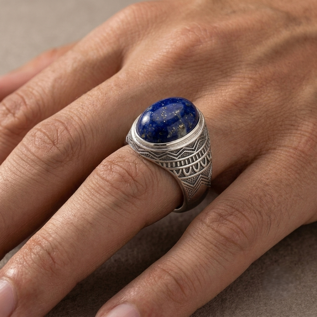 This ring is more than just jewelry; it is a symbol of confidence, strength, and refined taste. The carefully selected Natural Lapis Lazuli gemstone showcases unique natural patterns, making every ring truly one of a kind. No two gemstones are exactly alike, ensuring that your ring carries its own individual character. The smooth polished surface of the gemstone reflects light beautifully, highlighting the rich royal blue tones and natural golden pyrite inclusions often found in genuine Lapis Lazuli. Crafte