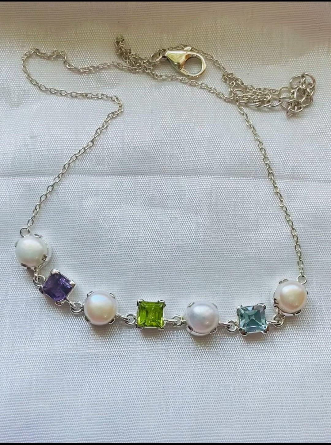 sterling silver chain with stones, silver jewelry for women, freshwater pearl fashion necklace, classic gemstone necklace, romantic gift jewelry, 925 silver natural stones necklace, elegant multistone chain, pearl necklace with silver, women's silver necklace online, giftable jewelry piece, best silver jewelry under ₹5000, color gem jewelry, trending necklace design 2025, Indian silver jewelry with pearls, minimalist real gem necklace, silver jewelry online shopping, silver jewelry for daily wear, delicate 