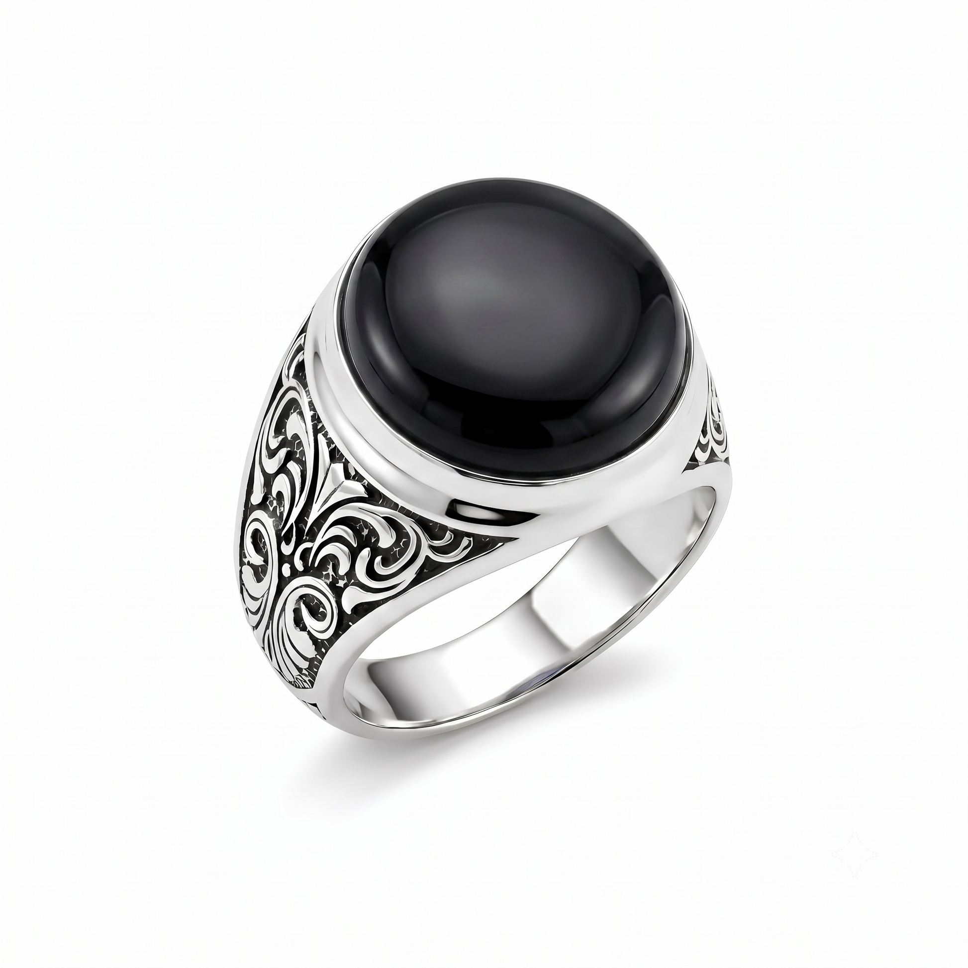 Bold men's rings are more than just accessories—they are a reflection of confidence, individuality, and timeless masculine style. This handcrafted Black Onyx Men's Ring is designed for those who appreciate powerful jewelry with a strong personality. Crafted from genuine 925 Sterling Silver, this statement ring combines premium craftsmanship with a rugged oxidized silver polish that enhances every intricate detail. The deep black color of the natural Black Onyx gemstone creates a striking contrast against th