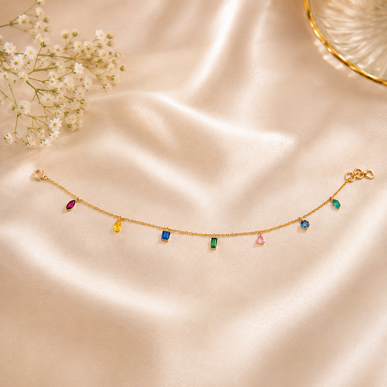 Multi Colour Stone Dainty Chain Bracelet crafted in 925 sterling silver for modern women.
Elegant rainbow gemstone bracelet available in silver plating and 18k gold plated finish.
Minimalist chain bracelet designed for daily wear and luxury styling.
Handcrafted sterling silver bracelet inspired by modern Jaipur jewellery artistry.
Delicate gemstone bracelet perfect for everyday elegance and feminine fashion.