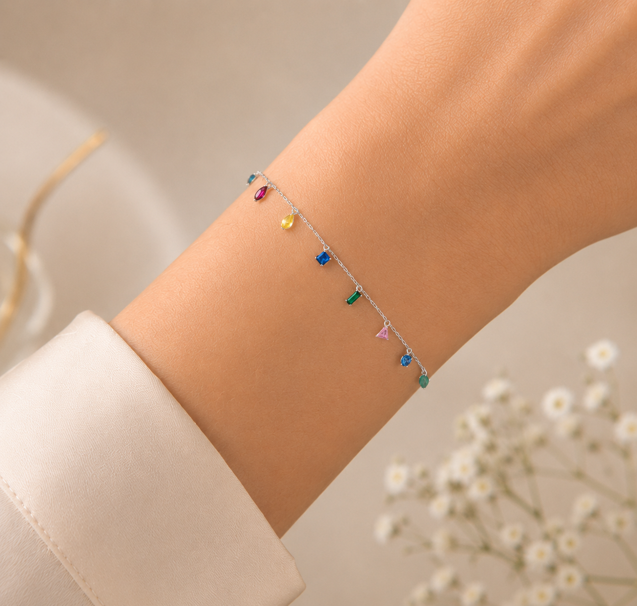 Chic silver bracelet with multicolor gemstone charms.
Delicate everyday bracelet with modern feminine design.
Luxury fashion bracelet available in silver and gold plated finish.
Minimal chain jewelry inspired by Korean and contemporary fashion trends.925 sterling silver bracelet with authentic stamped certification.
Elegant wrist bracelet designed for effortless styling.Beautiful gemstone charm bracelet for stylish women and girls.Modern minimalist bracelet with colorful gemstone accents.
Premium handicraft