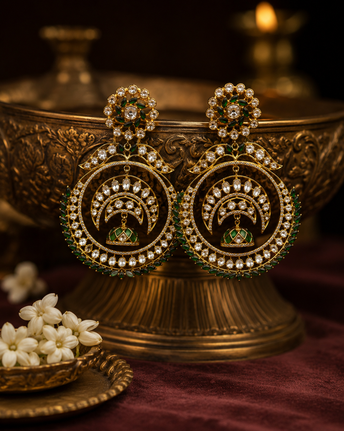 Elegant Indian heritage jewelry crafted by skilled Jaipur artisans using fine sterling silver, emerald gemstones and traditional handcrafted detailing.

Luxury ethnic earrings for women with royal bridal aesthetics, handcrafted Polki diamond Chandbali earrings designed for traditional Indian weddings and festive occasions. Premium green emerald bridal earrings with gold plated silver finish, ideal for wedding fashion styling, bridal photoshoots and celebrity inspired looks.