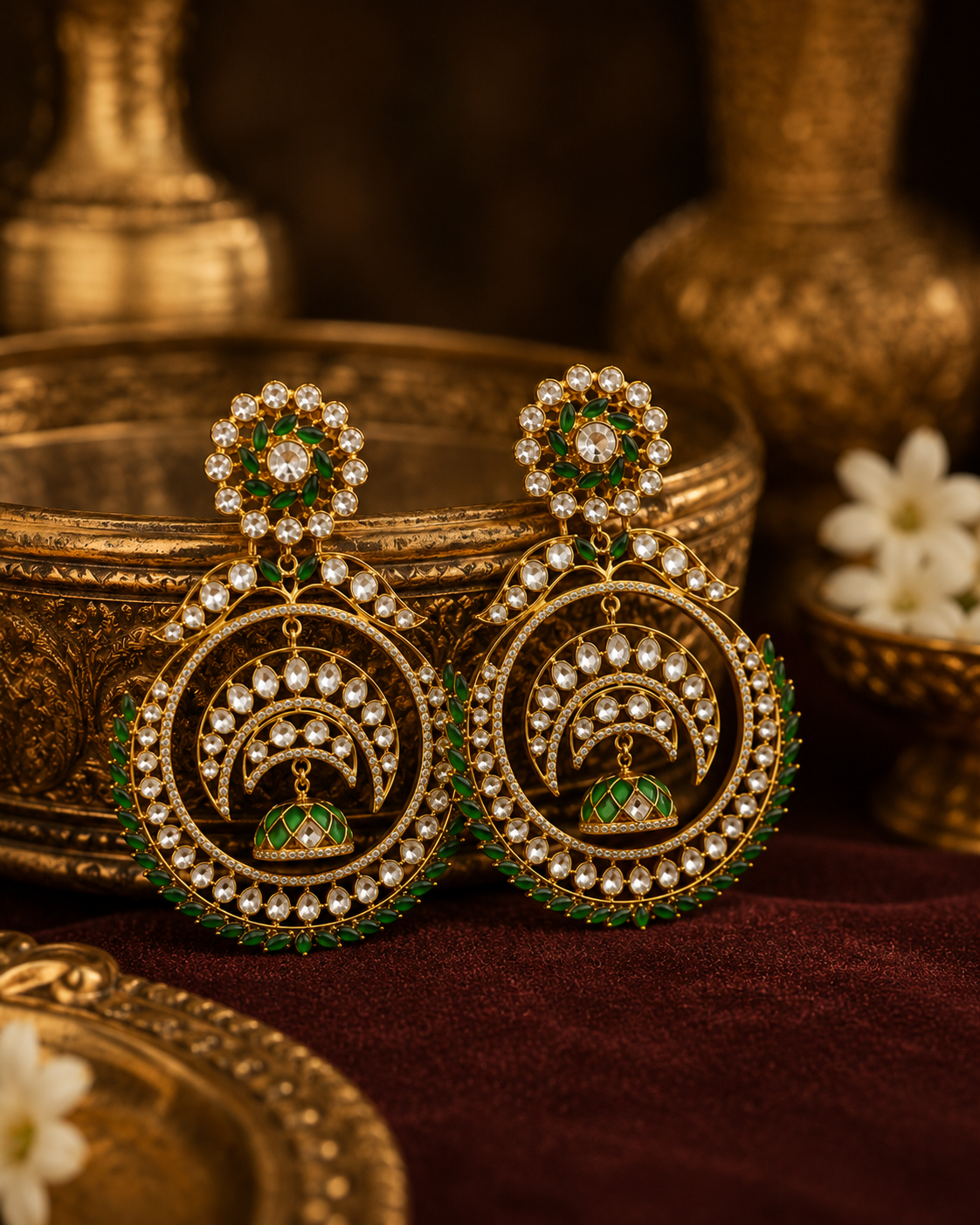 luxury Polki jewelry inspired by royal Maharani styles and heritage wedding aesthetics. Handmade luxury earrings featuring green emerald stones, sparkling Moissanite diamonds and traditional Indian craftsmanship. Perfect bridal accessories for destination weddings, engagement parties, festive celebrations and luxury ethnic styling.

Premium handmade silver earrings with 22K gold finish, artisan crafted bridal jewelry designed in Jaipur using traditional jewelry making techniques. Elegant Chandbali earrings 