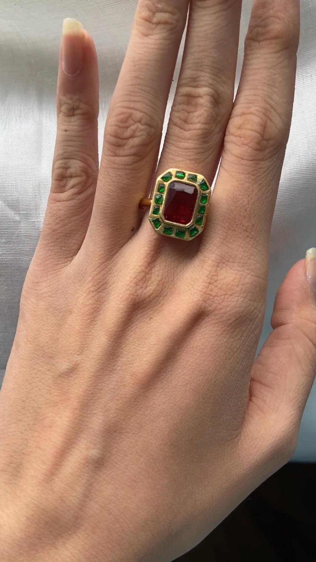 Polki jewelry has been celebrated for centuries for its uncut diamond look and natural brilliance. Combined with the richness of kundan work and the timeless beauty of Meena enameling, this ring is a perfect blend of traditional artistry and modern elegance.

Investing in silver jewelry has always been considered a wise and sustainable choice.