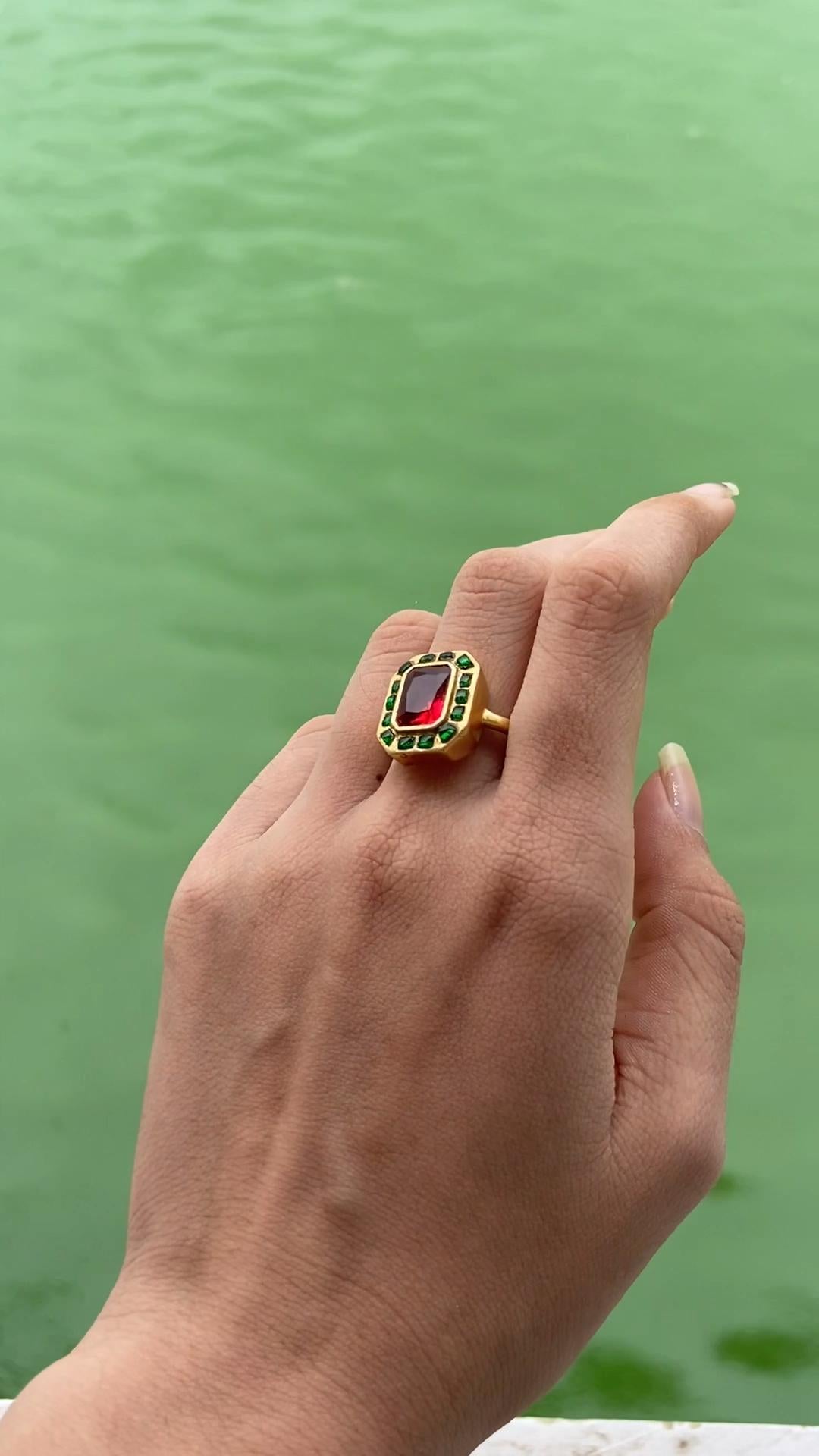 et using authentic Kundan techniques and Meenakari enamel work, this ring showcases the spiritual richness and royal elegance passed down through generations of Indian artisans.

Every detail of this Jaipur heritage ring reflects an authentic vintage Rajasthani design, celebrating the spiritual and cultural legacy of India. Worn by Rajput queens, temple dancers, and brides alike, such heritage jewelry was never mere decoration — it was a sacred art form blessed by rituals and worn with deep pride.